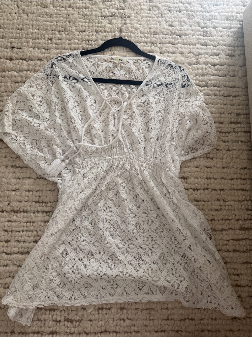 Miken White Lace Swim Coverup with Tie Front